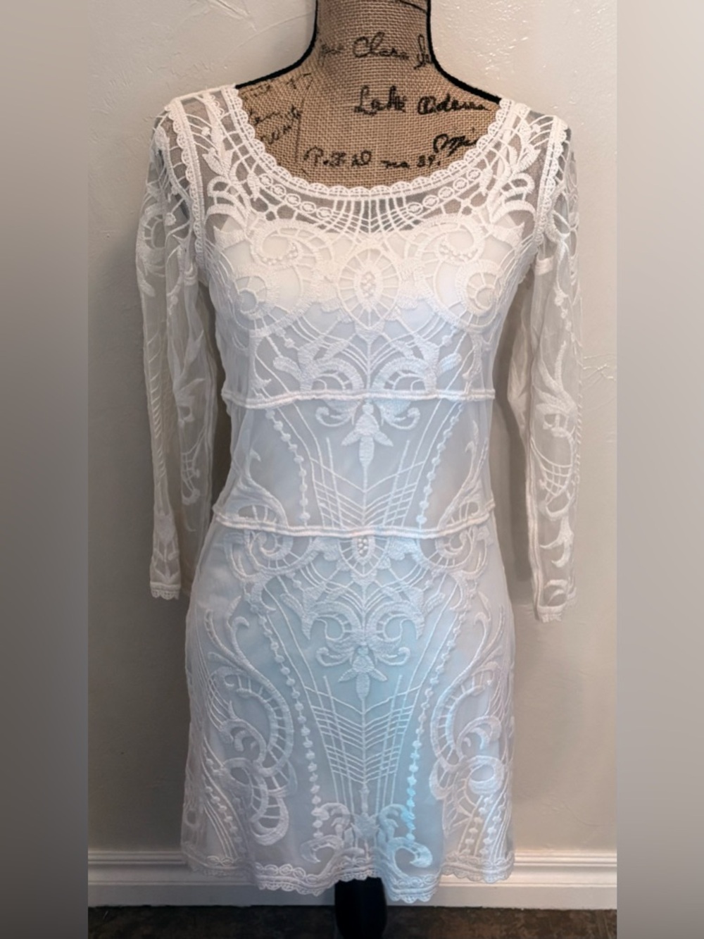 Express Cream Lace Dress Small Sheer Sleeve Lined Bodycon Romantic Bridal Shower